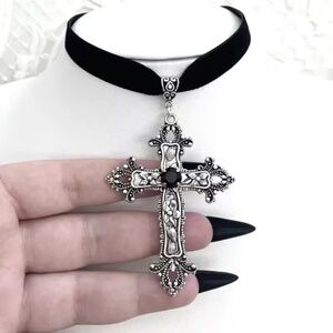 Wednesday's Punk Gothic Black Velvet Cross Witch Pagan Vintage Halloween Chocker